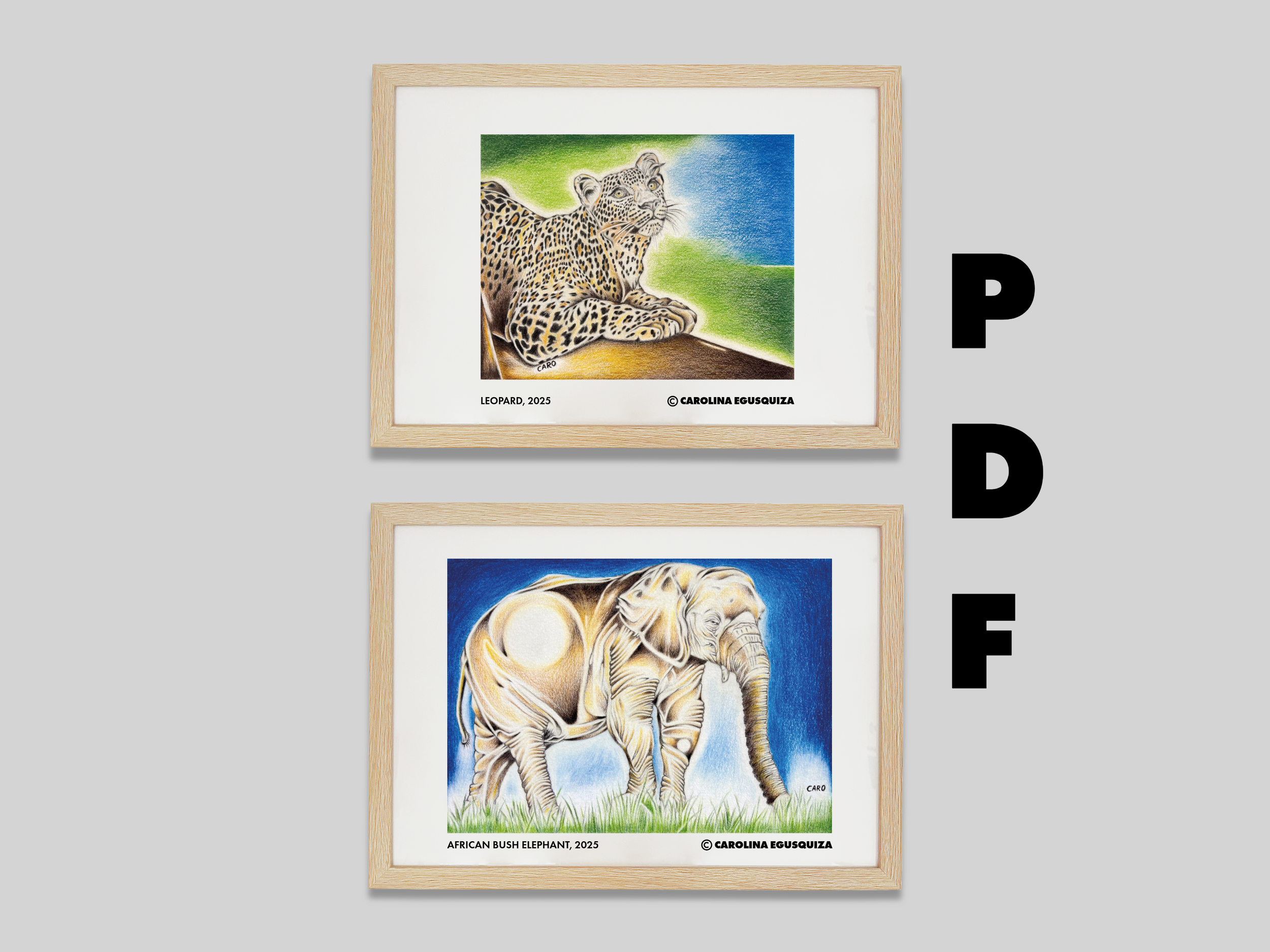 African Bush Elephant and Leopard, PDF Digital Download, Set of 6 Printables