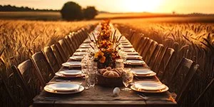 Long outdoor dining table set with plates, glasses, and a floral centerpiece, in a golden field at sunset.