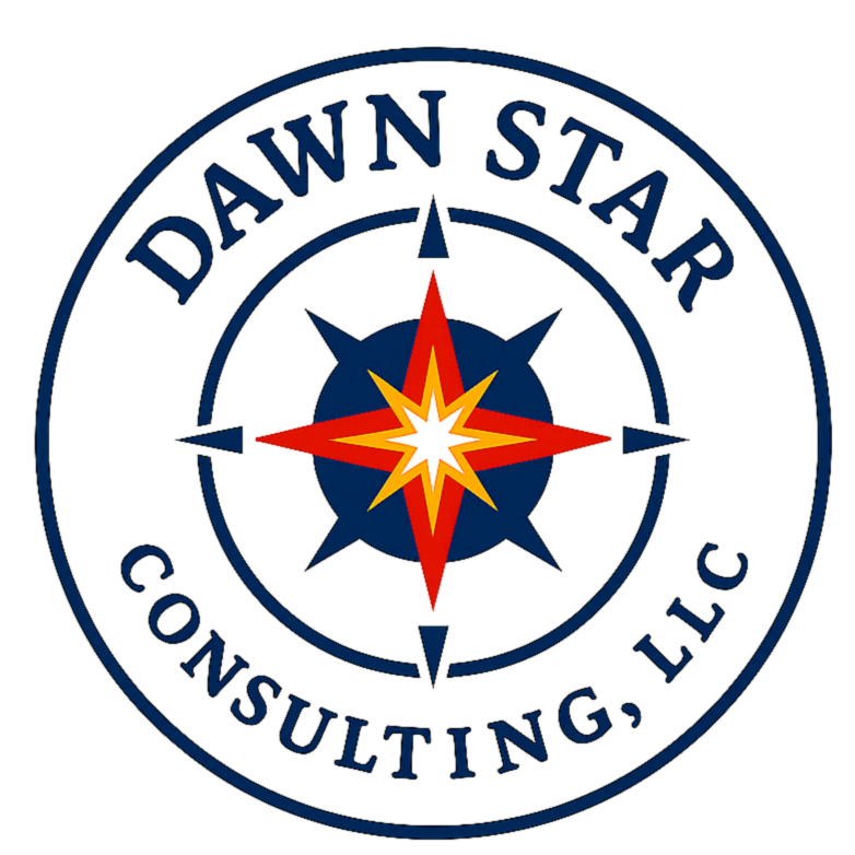 Logo for Dawn Star Consulting, LLC featuring a compass rose design with navy blue, red, orange, and yellow accents.