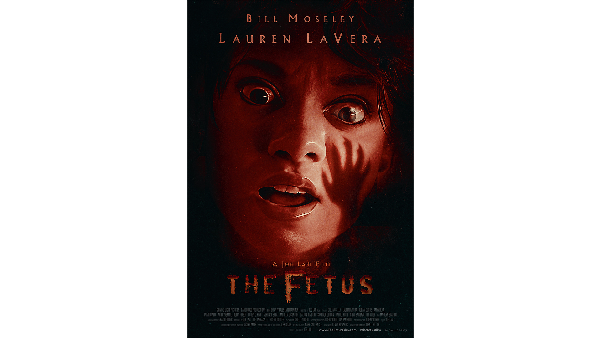 Lauren LaVera screams in horror as a demonic handprint stretches across her face in The Fetus movie poster
