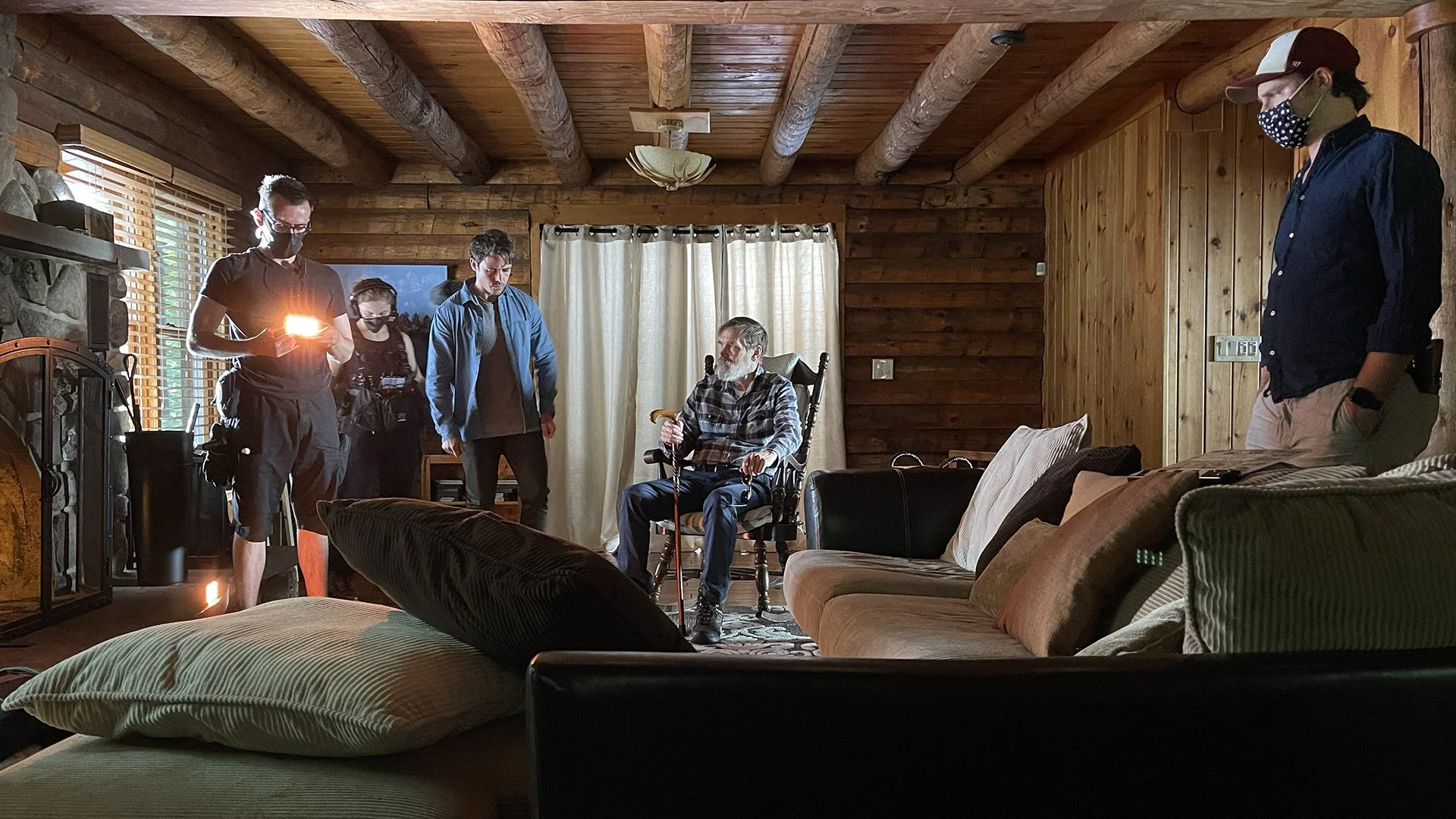 Behind-the-scenes look at Bill Moseley and crew filming inside Maddox’s cabin on the set of The Fetus.
