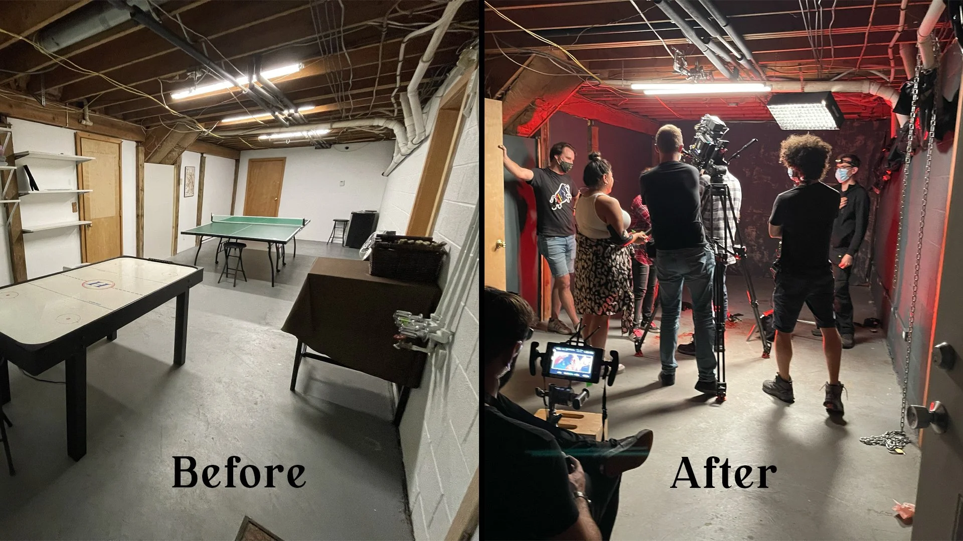 Before and after comparison of the basement location transformed into the climactic set for The Fetus.