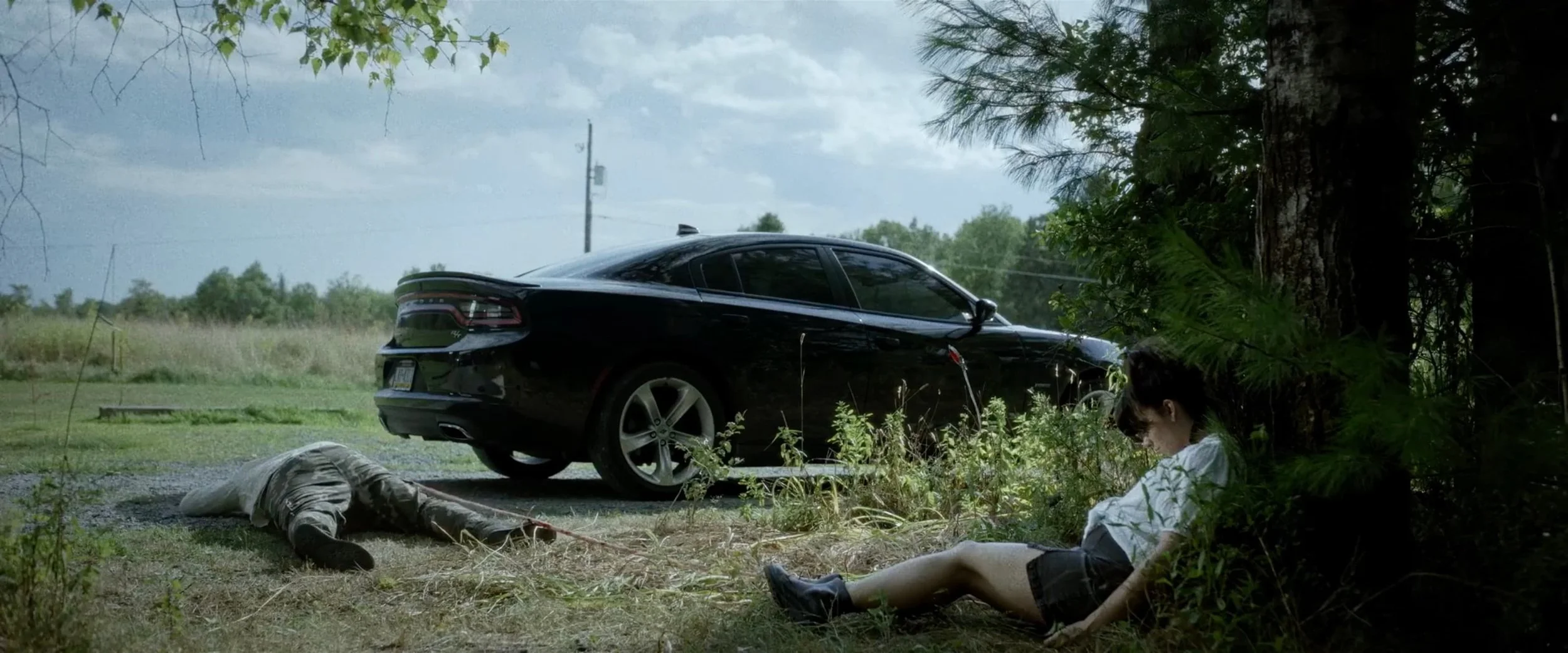 Wide shot of the aftermath as the fetus attacks the driver beside a black car in The Fetus