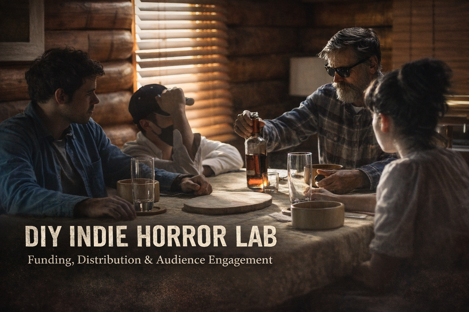 Behind-the-scenes moment from the indie horror film The Fetus showing the director guiding actors during an intimate cabin dinner scene.