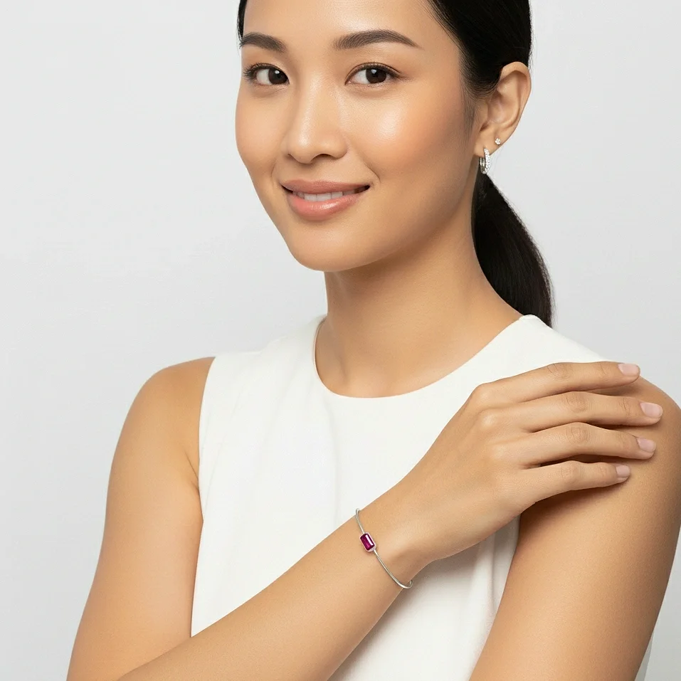 Solitaire Emerald Cut Bangle Bracelet-RUBY