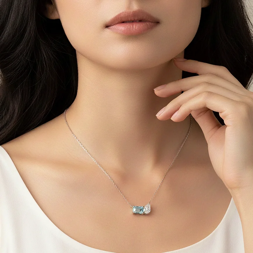 Pear and Emerald Duo Necklace_AQUA MARINE