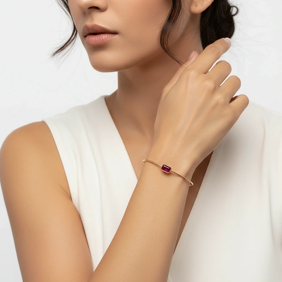 Solitaire Emerald Cut Bangle Bracelet-RUBY