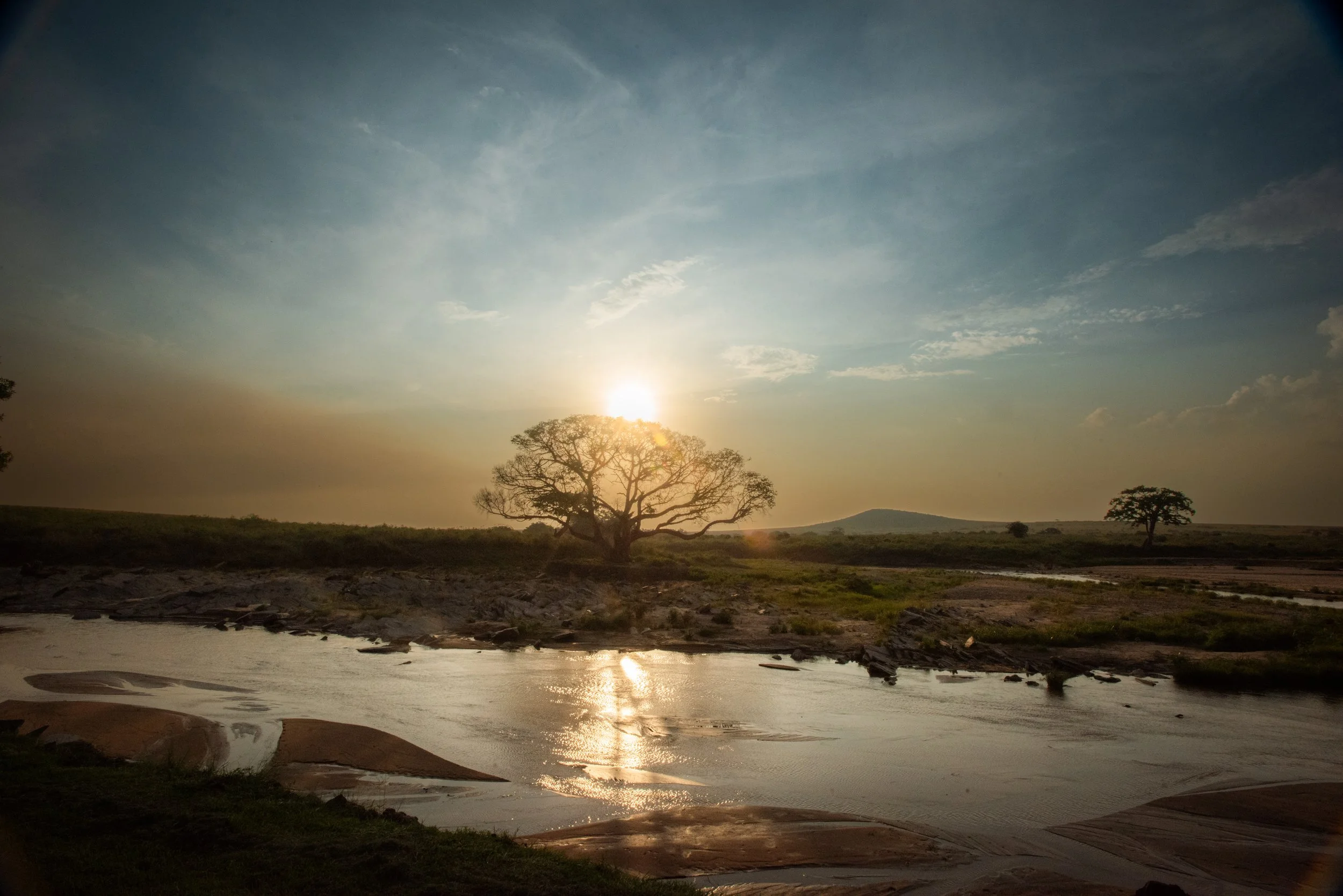 A sunset over a river in a rural landscape, with a large tree in the foreground and smaller trees in the background.