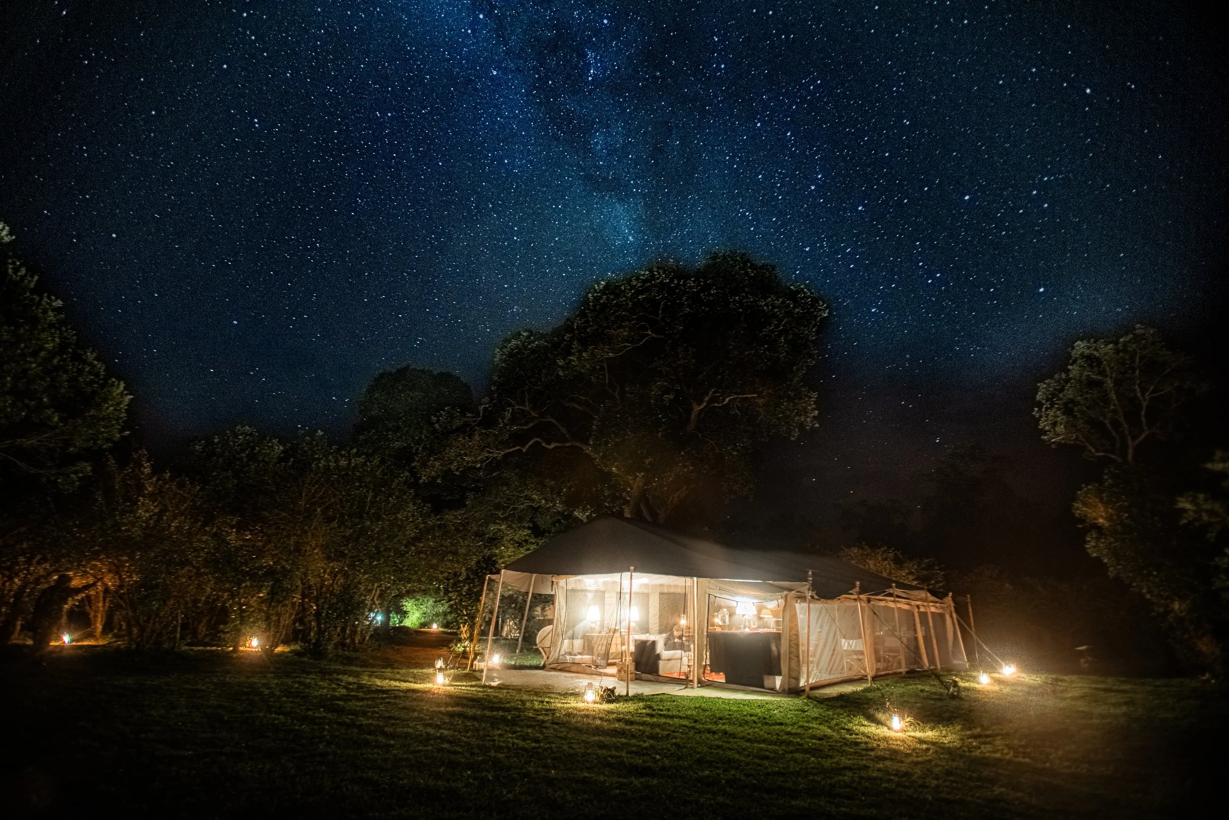 A nighttime outdoor scene featuring a large illuminated tent with clear walls and a dark roof, set on a grassy area surrounded by trees under a starry sky.