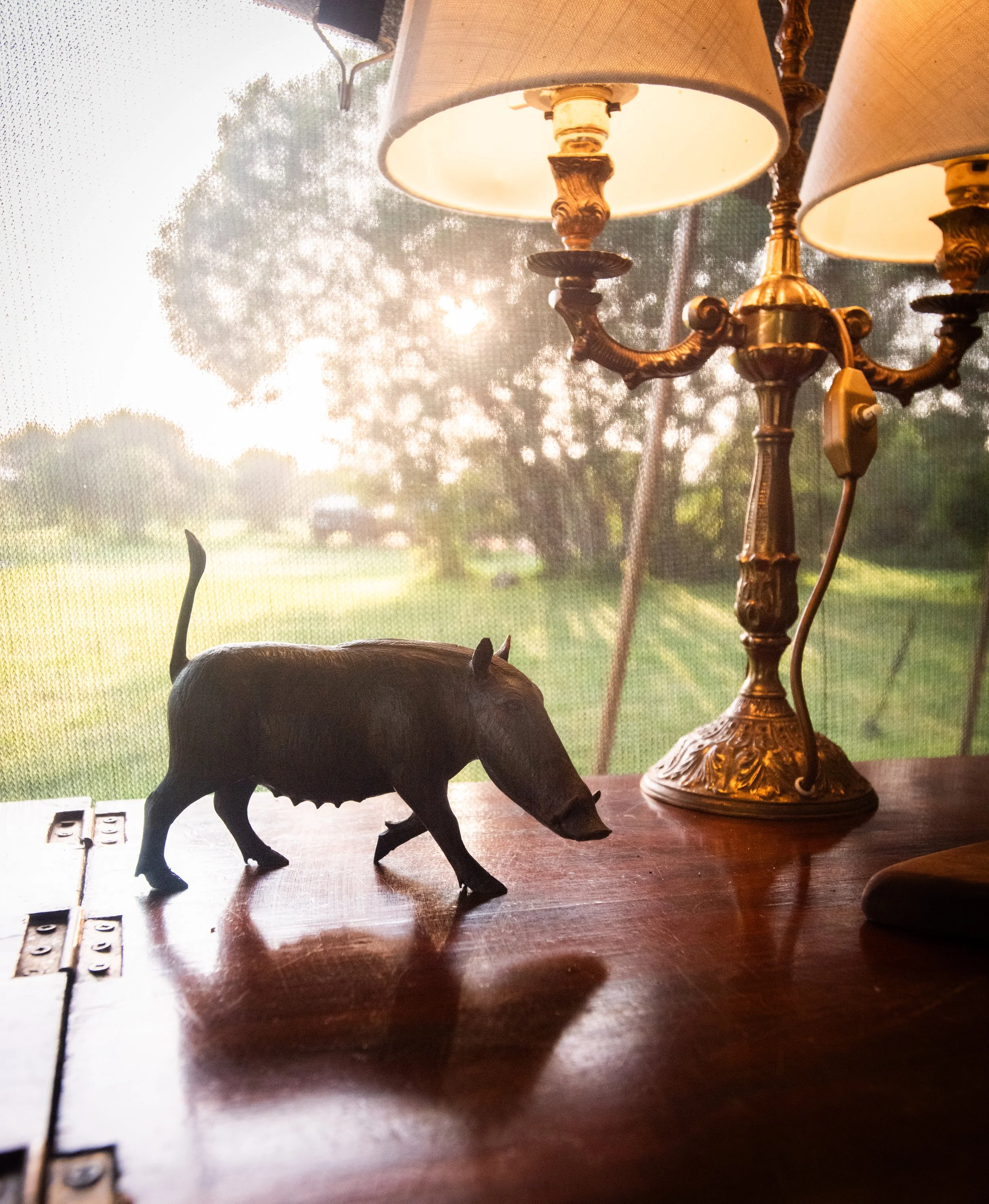 A small pig figurine on a wooden surface next to a vintage brass table lamp with two lampshades, with a backyard view through a window in the background.