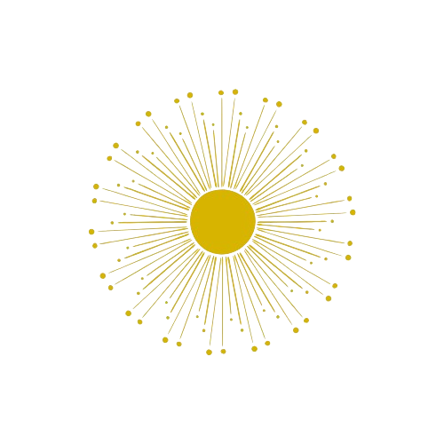 A golden sun illustration with rays radiating outward against a black background.