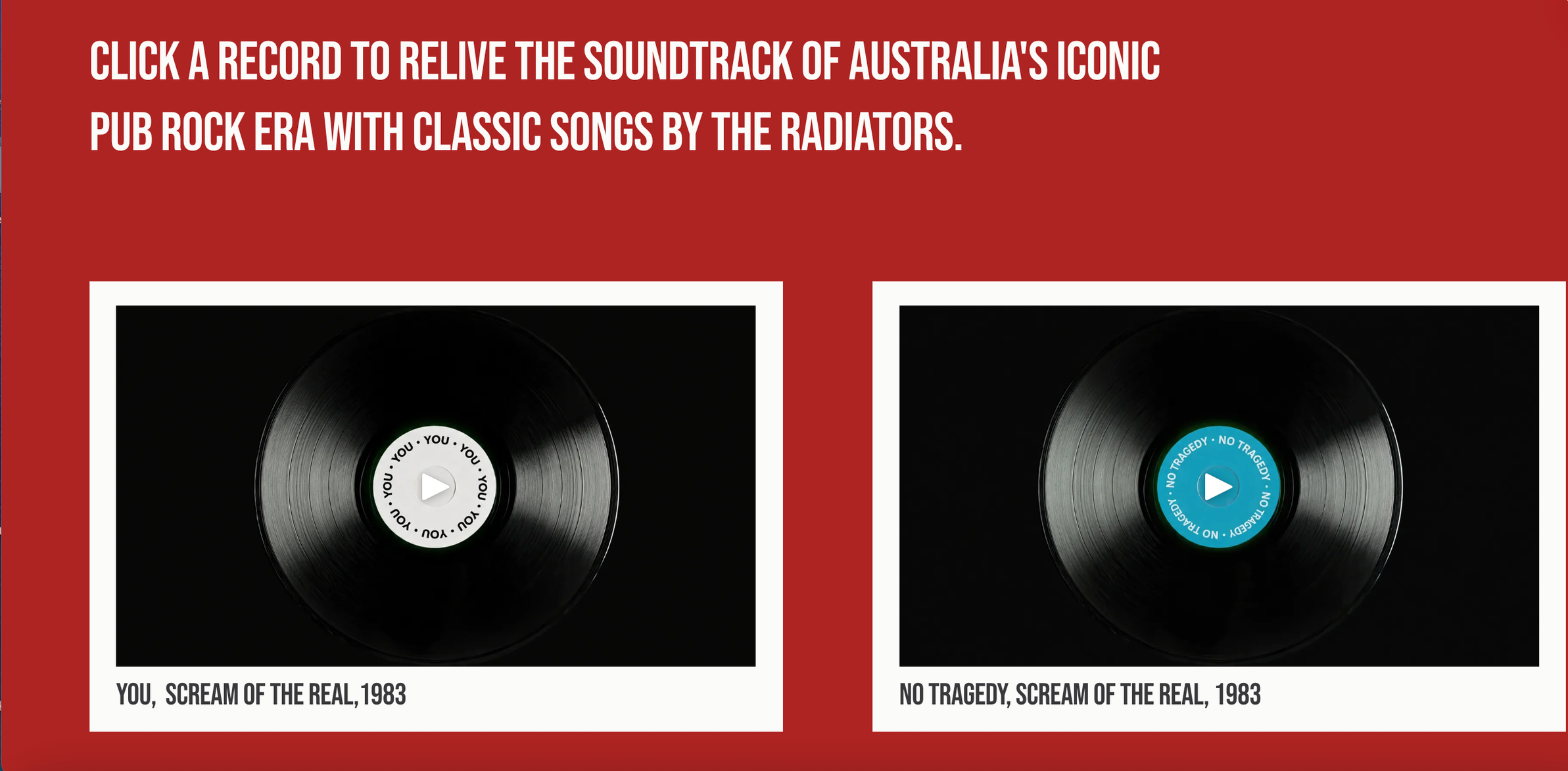 Sound page curated design records to access The Radiators rock archive (red background)
