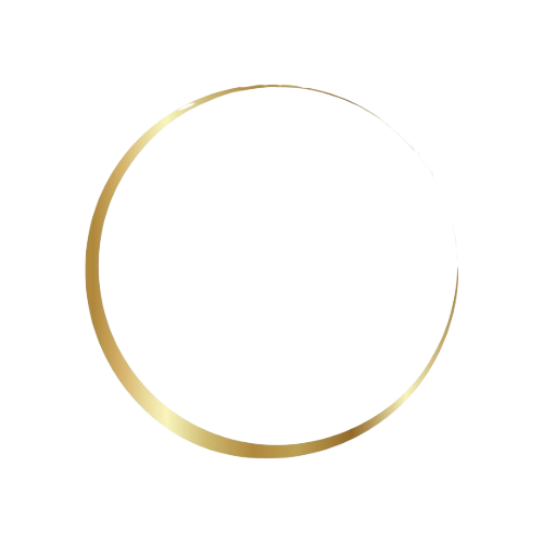 A gold and white crescent moon design with a blank black circle in the center.