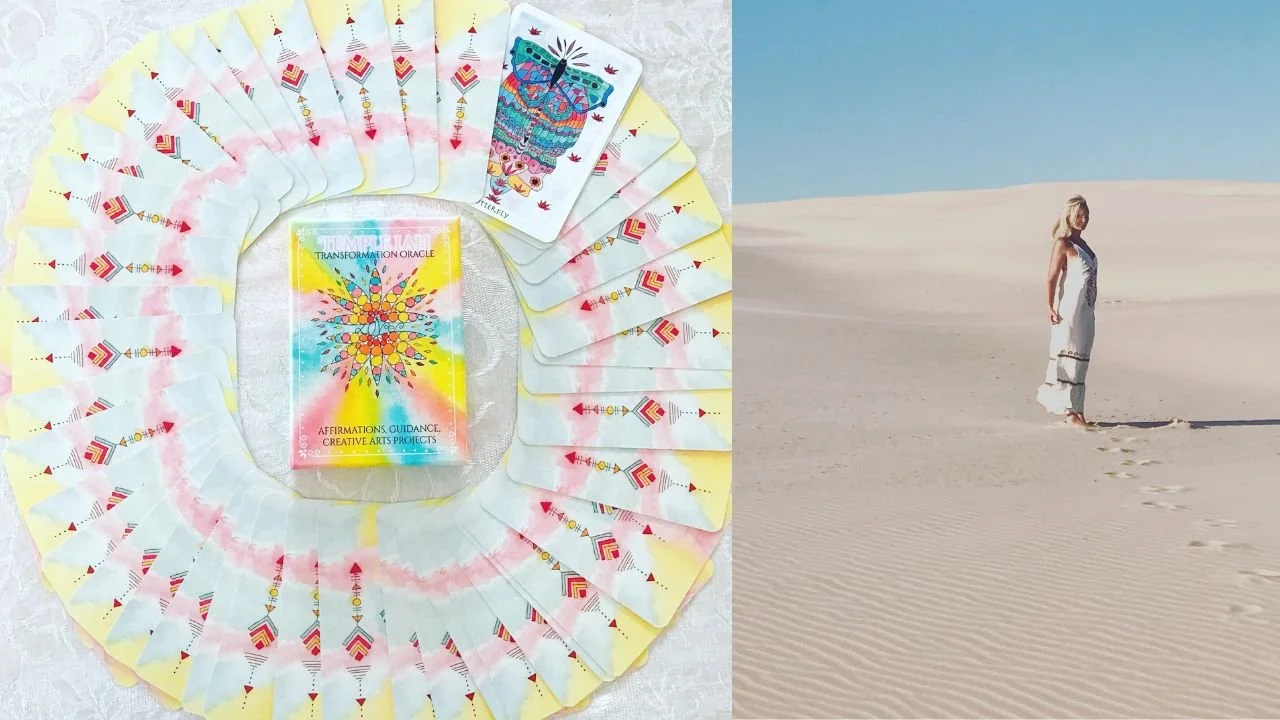 Temple Lah Transformation Oracle Cards and creator portrait.