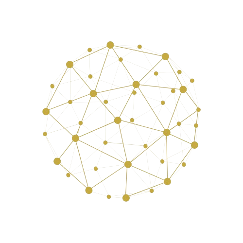 Representation of a spherical network of interconnected nodes and lines on a black background.