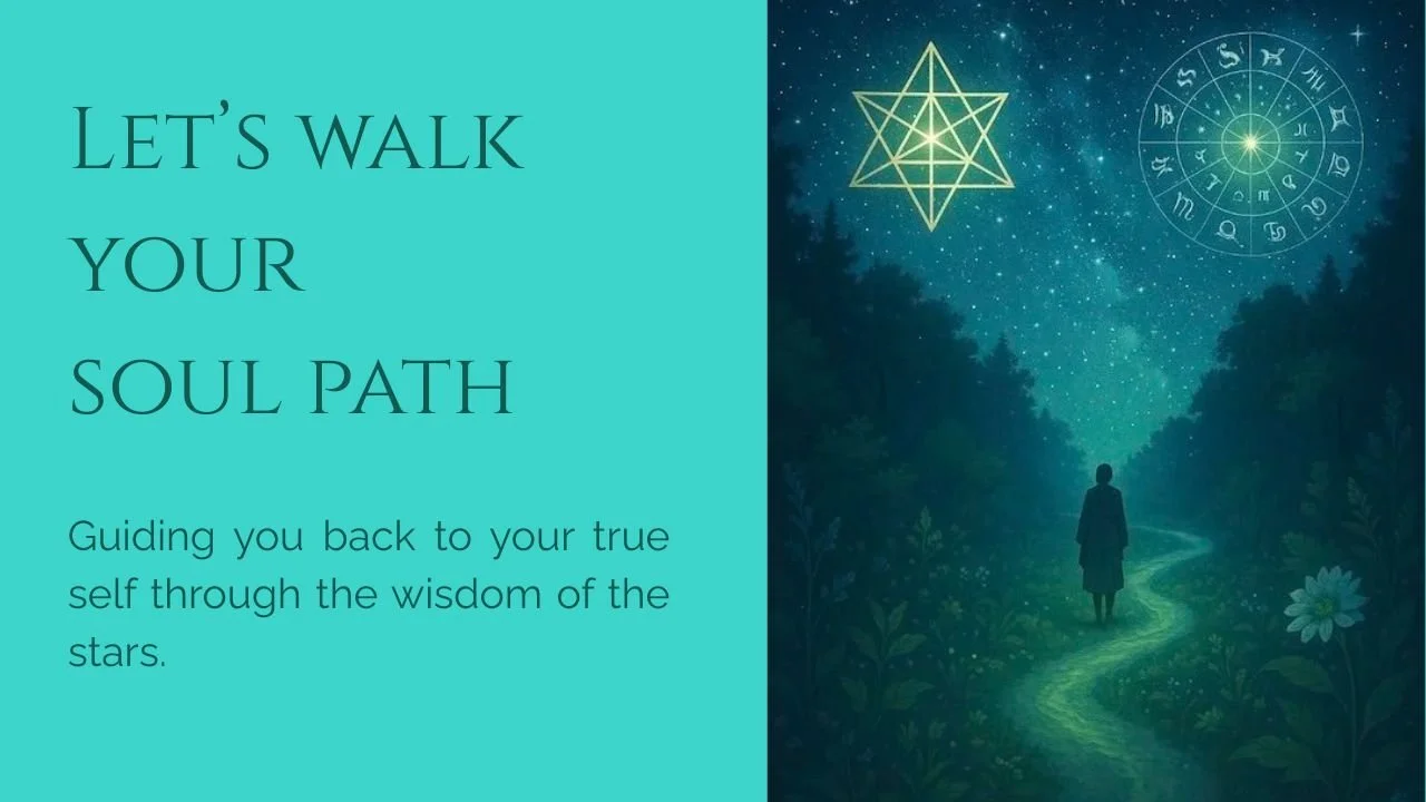 A person walking on a winding forest path at night, with stars and celestial symbols in the sky, including geometric star and zodiac signs.