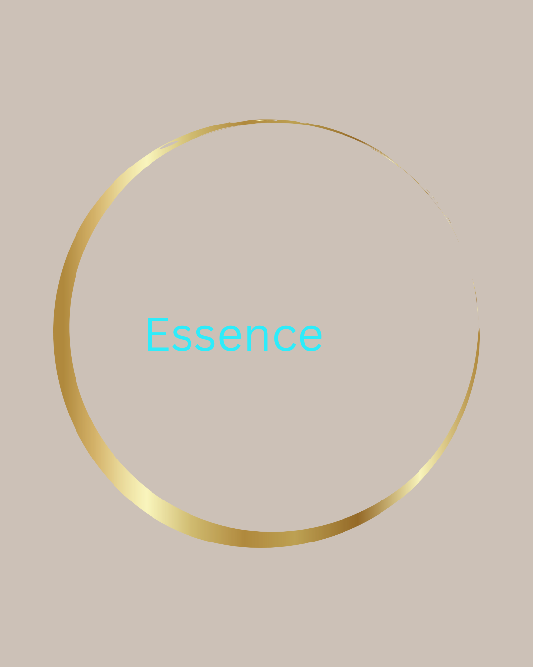 A beige background with a gold circular border and the word 'Essence' in light blue text in the center.