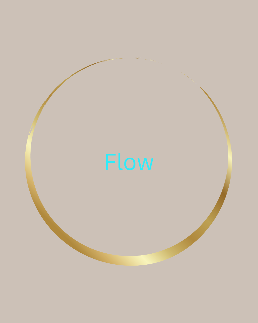 A beige background with a gold circular border and the word 'Flow' in blue center.