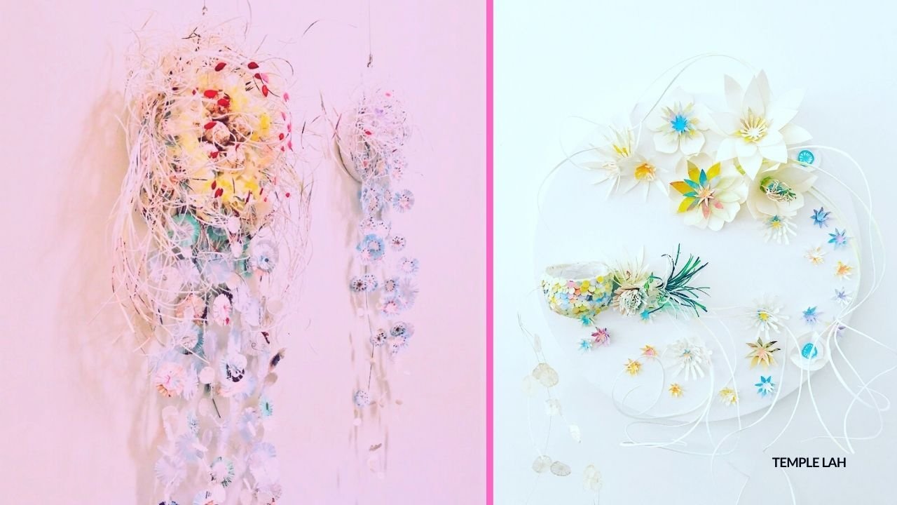 Two floral wall decorations with white, pastel, and colorful flowers, separated by a pink line. The right side has a label 'Temple Lah'.