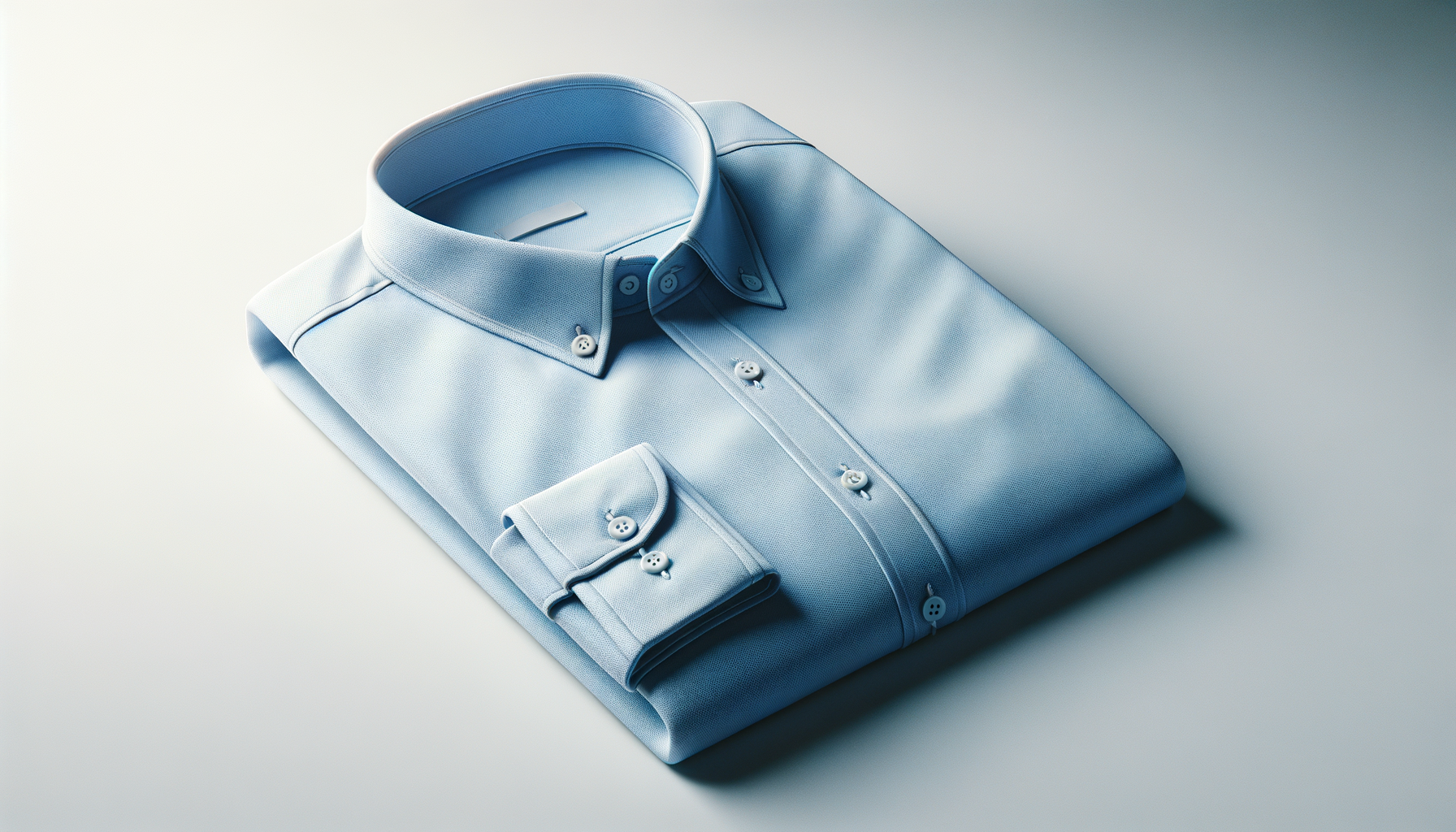 Light blue, long-sleeve, button-up dress shirt neatly folded, with the collar and cuffs visible, on a plain white background.