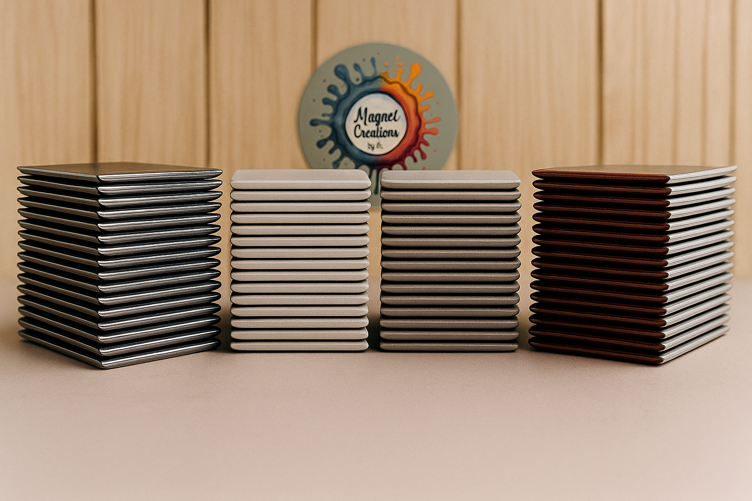 Stacks of magnetic creation tiles in black, white, beige, and brown, with a colorful Magnet Creations sign in the background.