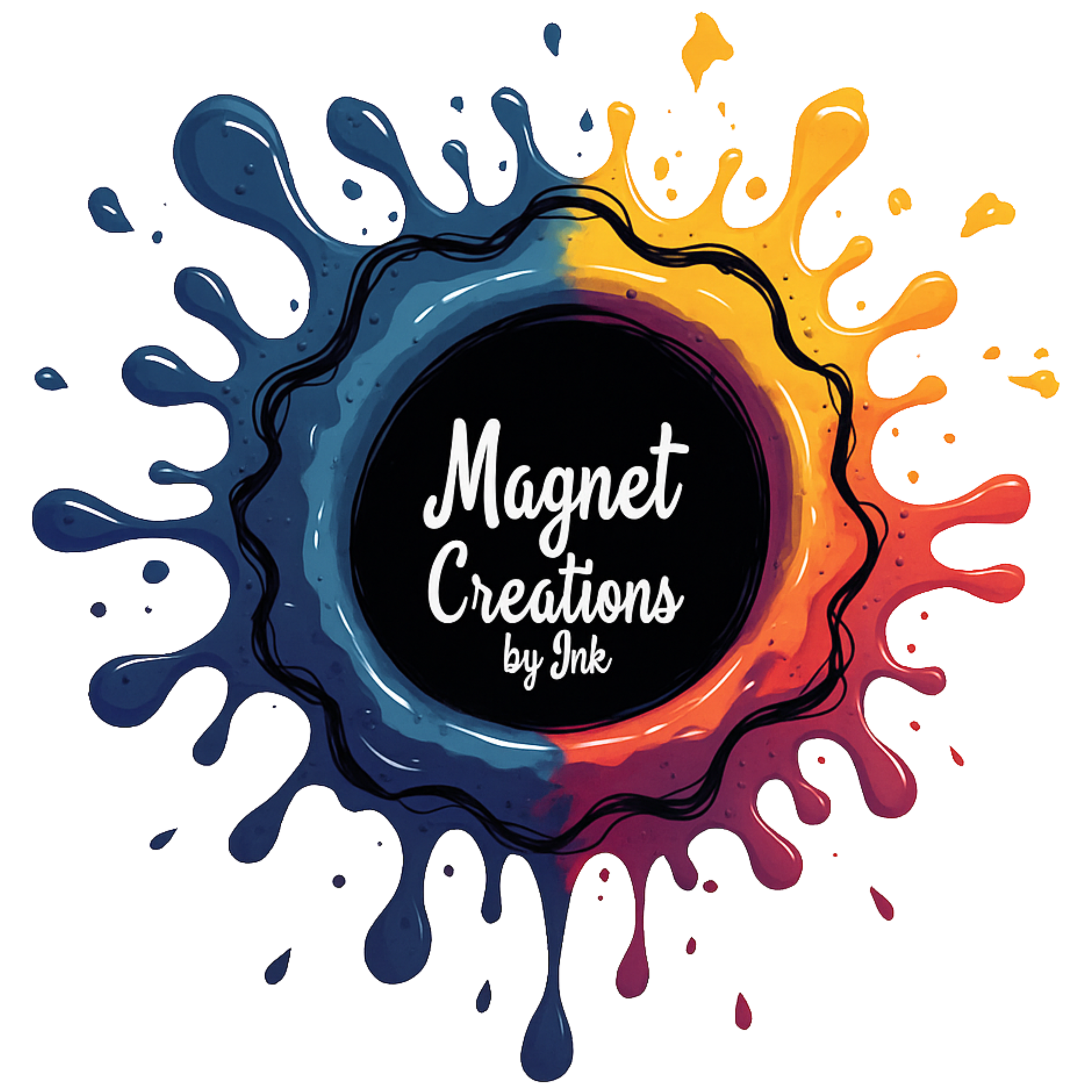 Colorful ink splatter with the text 'Magnet Creations by Ink' in the center.