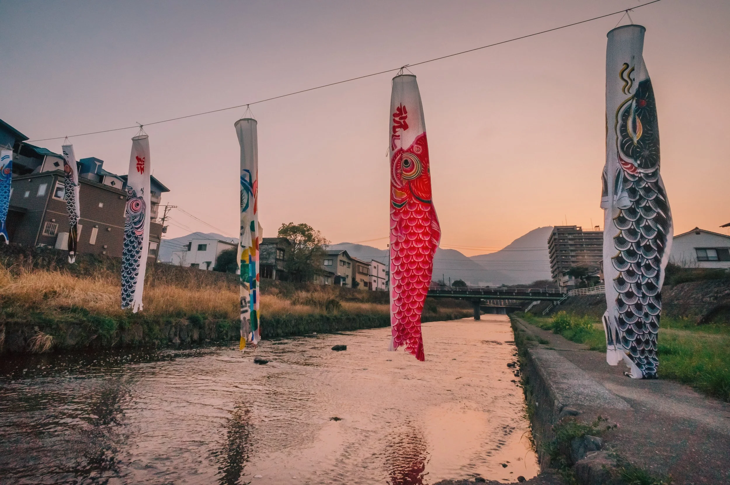Kyushu Day 7: Koinobori at Dusk, Beppu, Japan, 2018