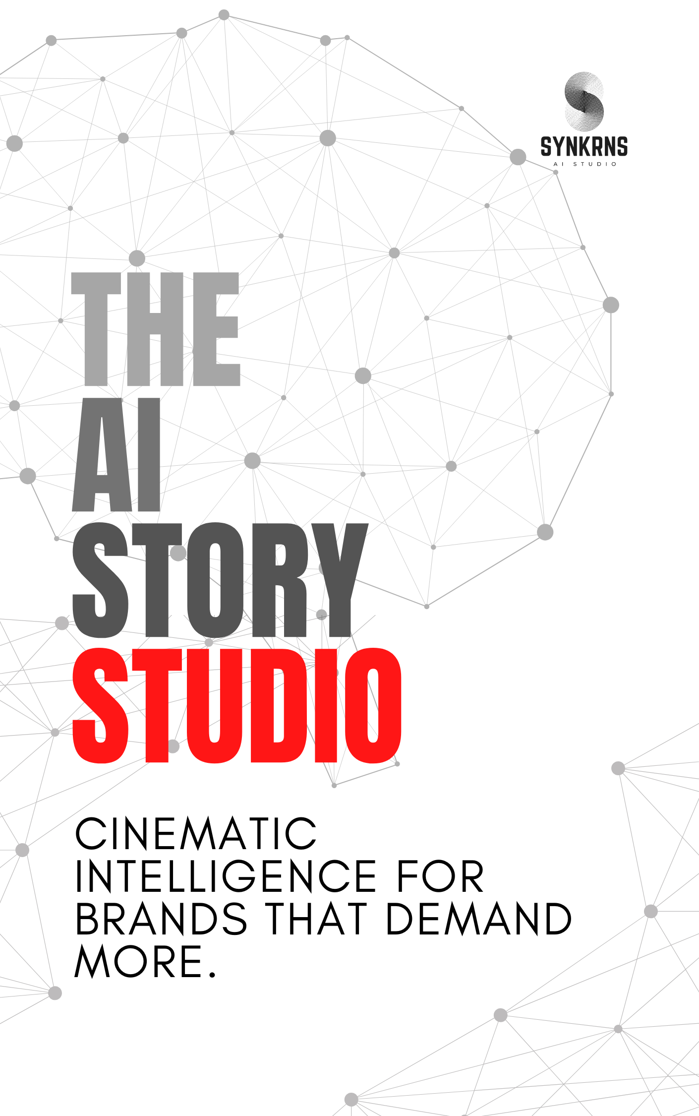 Book cover for 'The AI Story Studio' with a network of interconnected dots and lines in the background, the title in large bold letters, and the logo of Synkrns AI Studio in the top right corner. Subtitle reads 'Cinematic Intelligence for Brands That Demand More.'