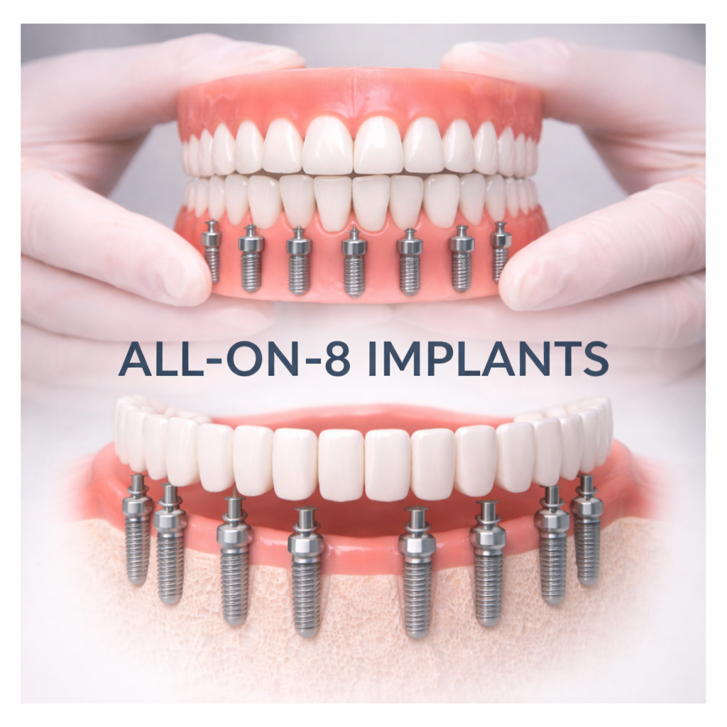 All on 8 dental implant procedure providing comprehensive full arch restoration in a clean clinic setting in Turkey.