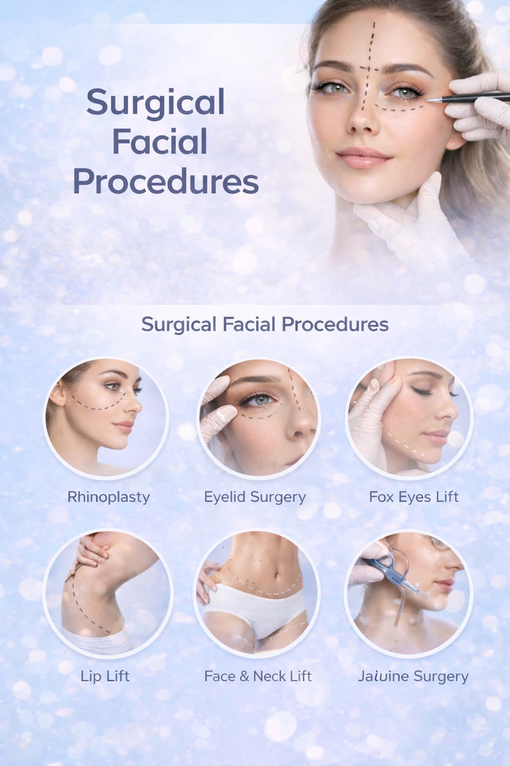 Surgical facial procedures in Turkey including rhinoplasty, eyelid surgery, facial lifting, and jawline contouring, planned with trusted, doctor-led clinics.