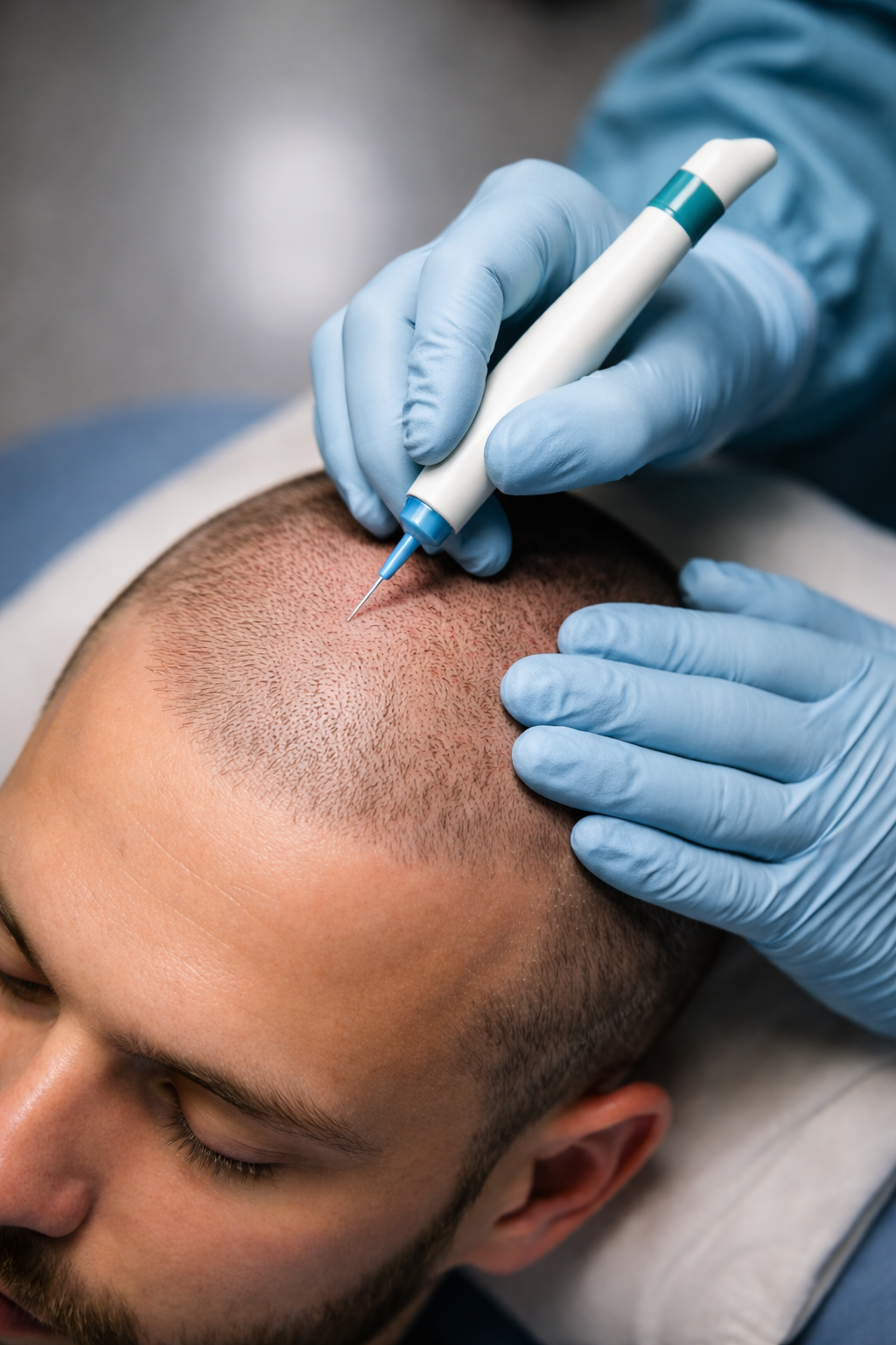 DHI hair transplant procedure using direct implantation technique in a modern clinic setting in Turkey