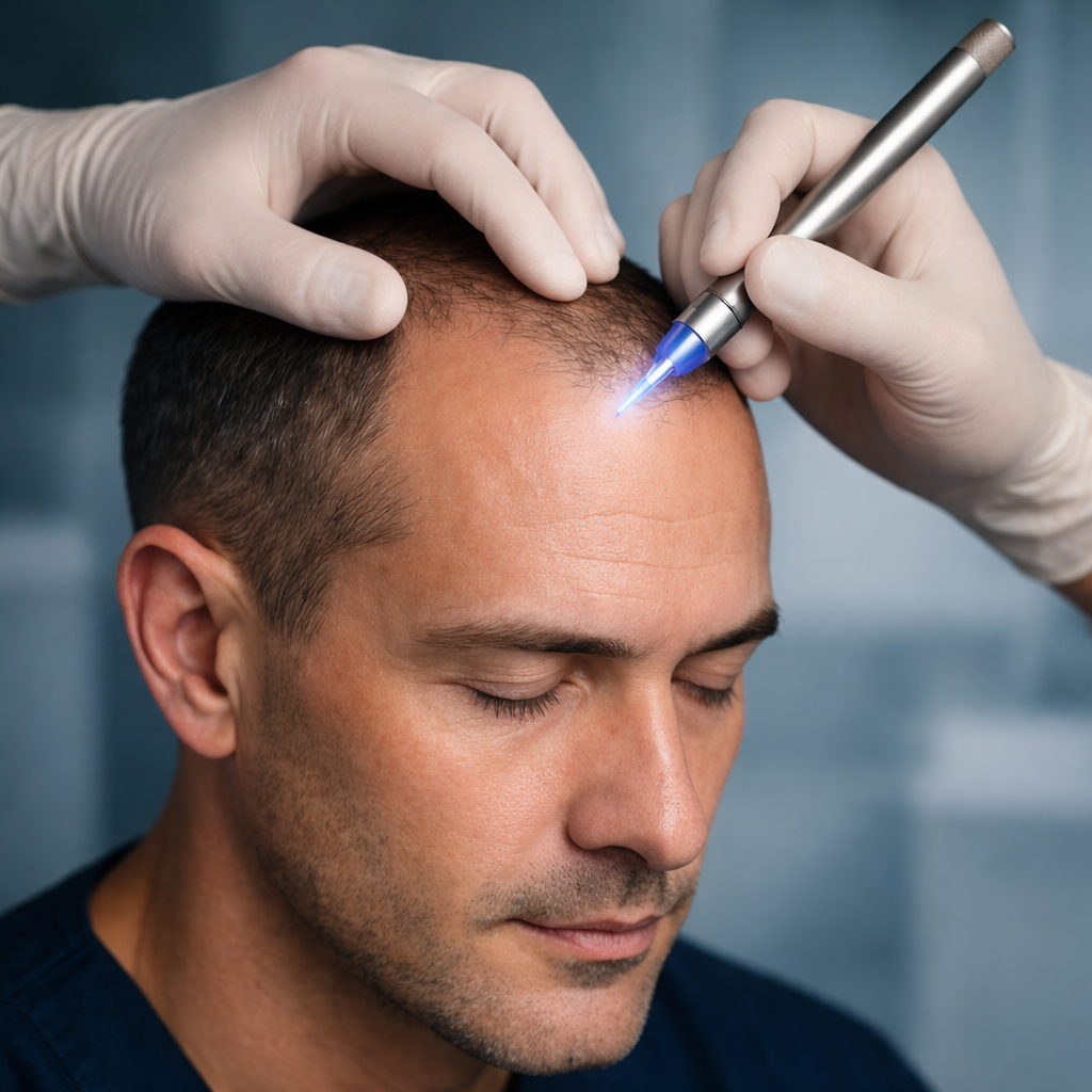 Sapphire FUE hair transplant procedure using sapphire blades in a clean, modern clinic setting in Turkey.