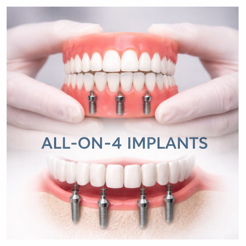 All on 4 dental implant procedure restoring full arch teeth in a modern clinic setting in Turkey.