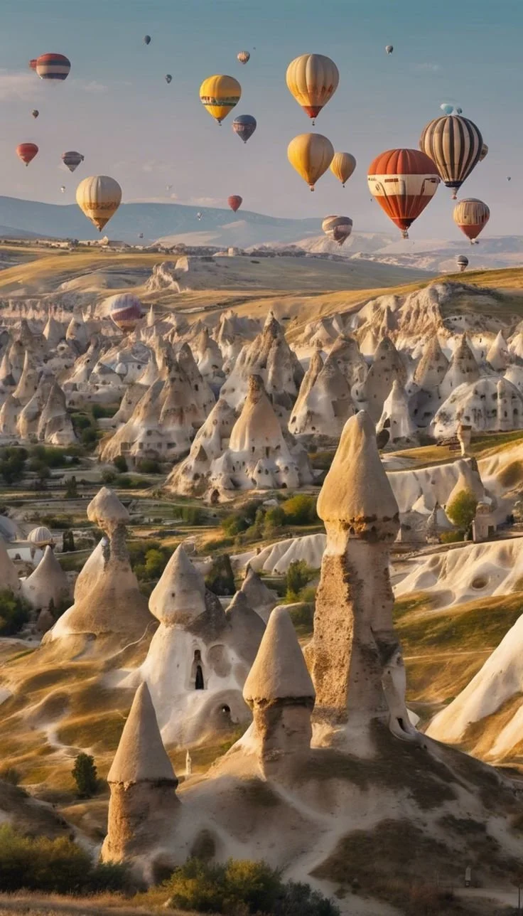 Rock formations and landscape in Cappadocia Turkey, known for peaceful scenery and unique travel experiences.