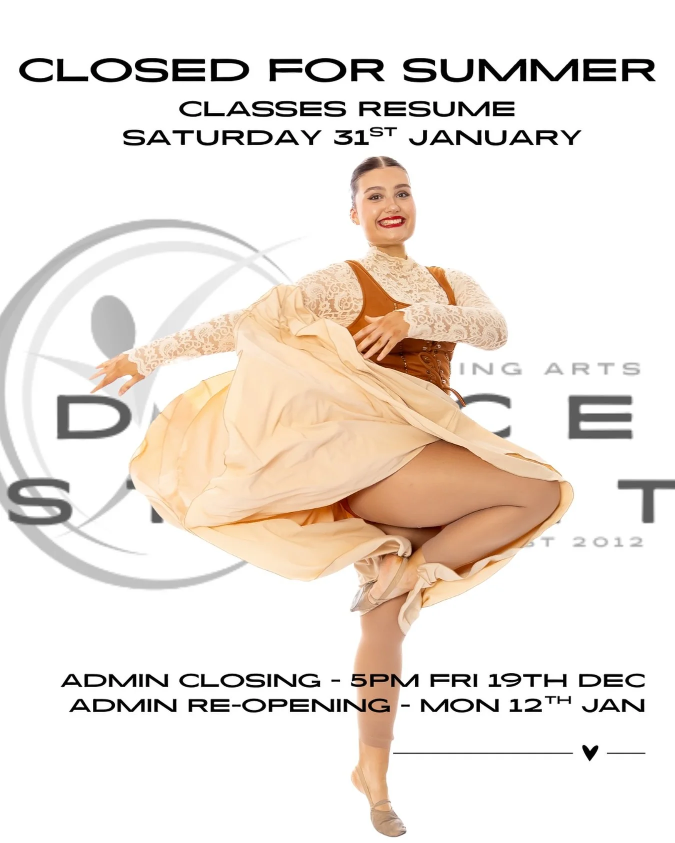 Thank You for a Wonderful Year at Dance Street!&nbsp;✨

We are officially closing from today at 5pm, with admin reopening on Monday 12 January 2026.

☑️ Classes resume on Saturday 31 January 

🎭 We will continue  to share performance photos and vide