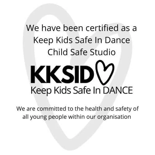 Certificate of certification for Keep Kids Safe In Dance Child Safe Studio with a heart symbol, emphasizing commitment to health and safety of young people in dance.