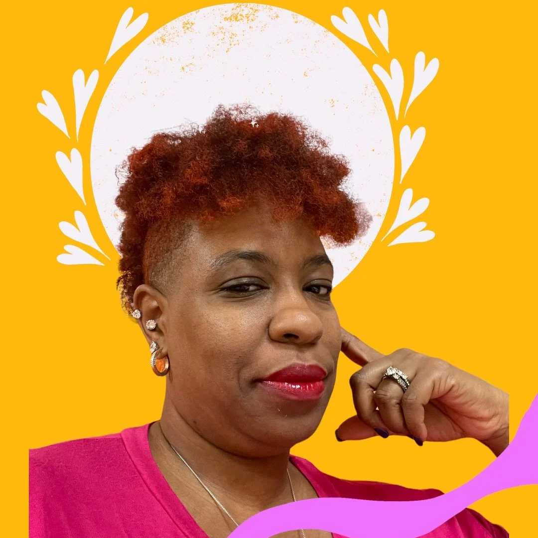 A woman with short, curly red hair and wearing earrings, a ring, and a pink top, posing with her hand near her face against a yellow background with a white circle and decorative white hearts.