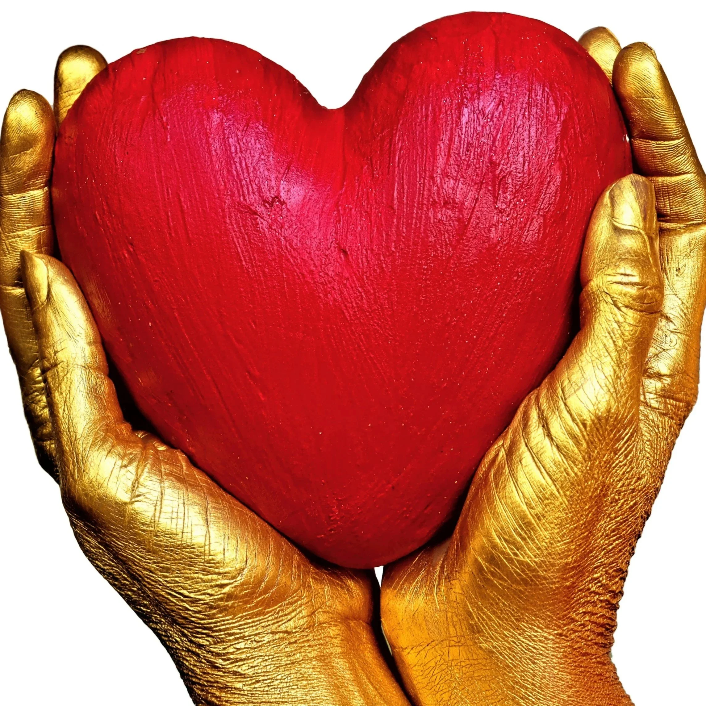 Hands painted gold holding a bright red, textured heart.