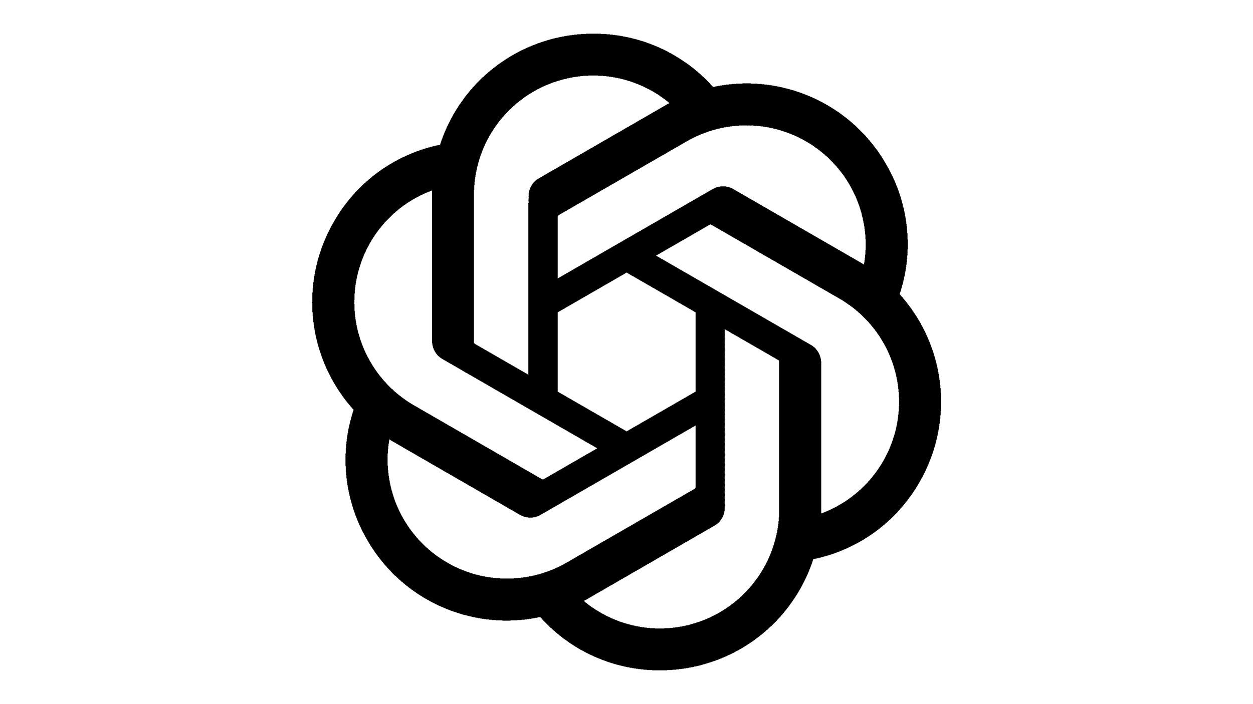 ChatGPT logo which is an outline of a geometric shape with interconnected lines creating a complex, maze-like pattern on a black background.