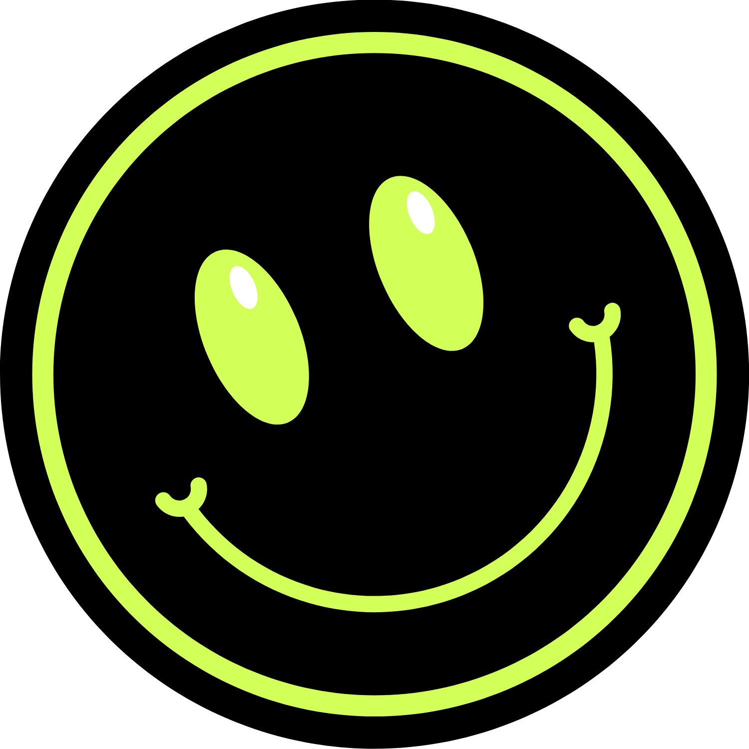 A smiling face with big oval eyes, a small Y-shaped nose, and a wide curved smile. The face is outlined with a bright yellow-green line on a black background.