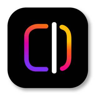 Colorful Instagram Edits app icon featuring a vertical white line with curved lines on each side, on a black background.