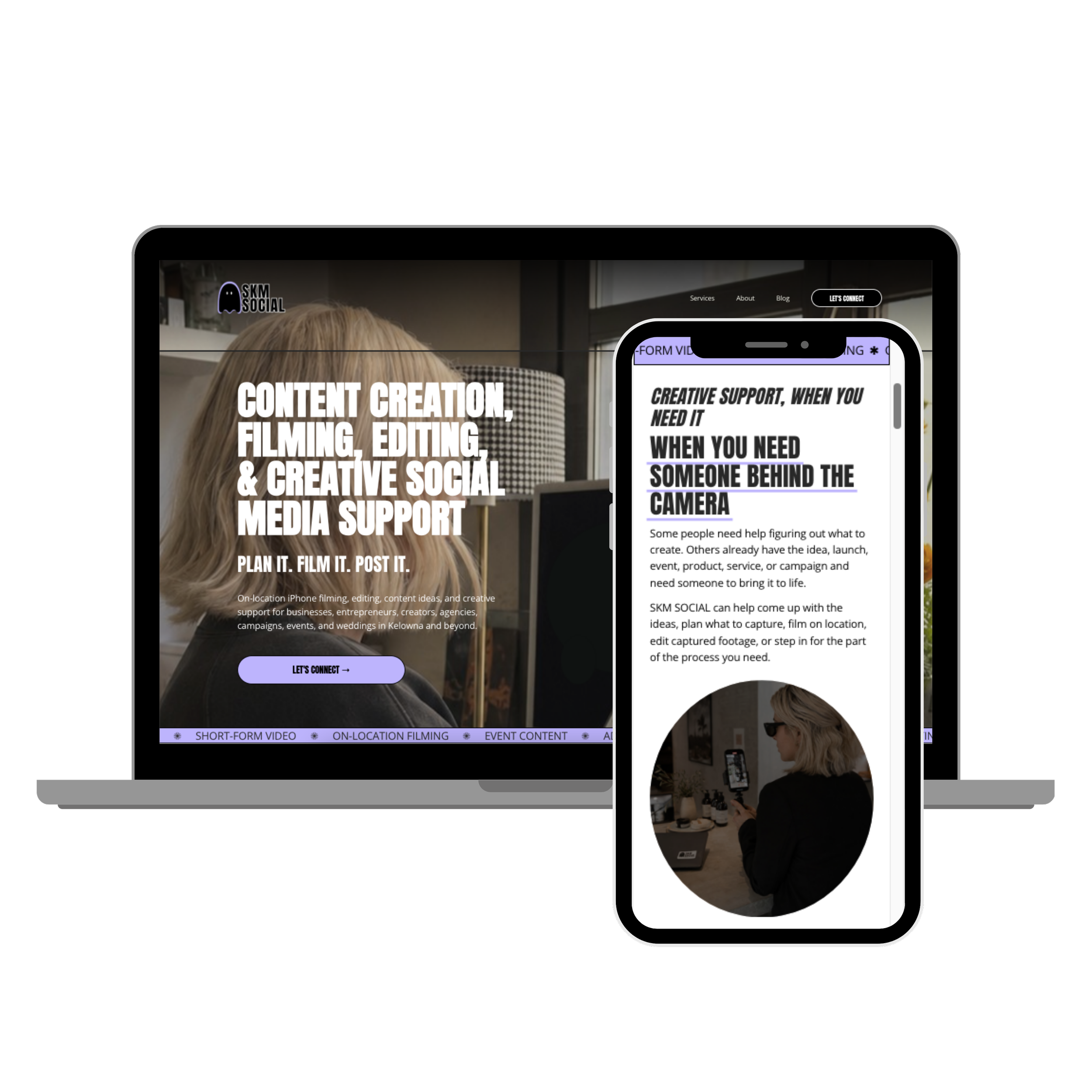 Screenshots of SKM SOCIAL website about content creation, film production, and social media support, displayed on a laptop and a mobile phone.
