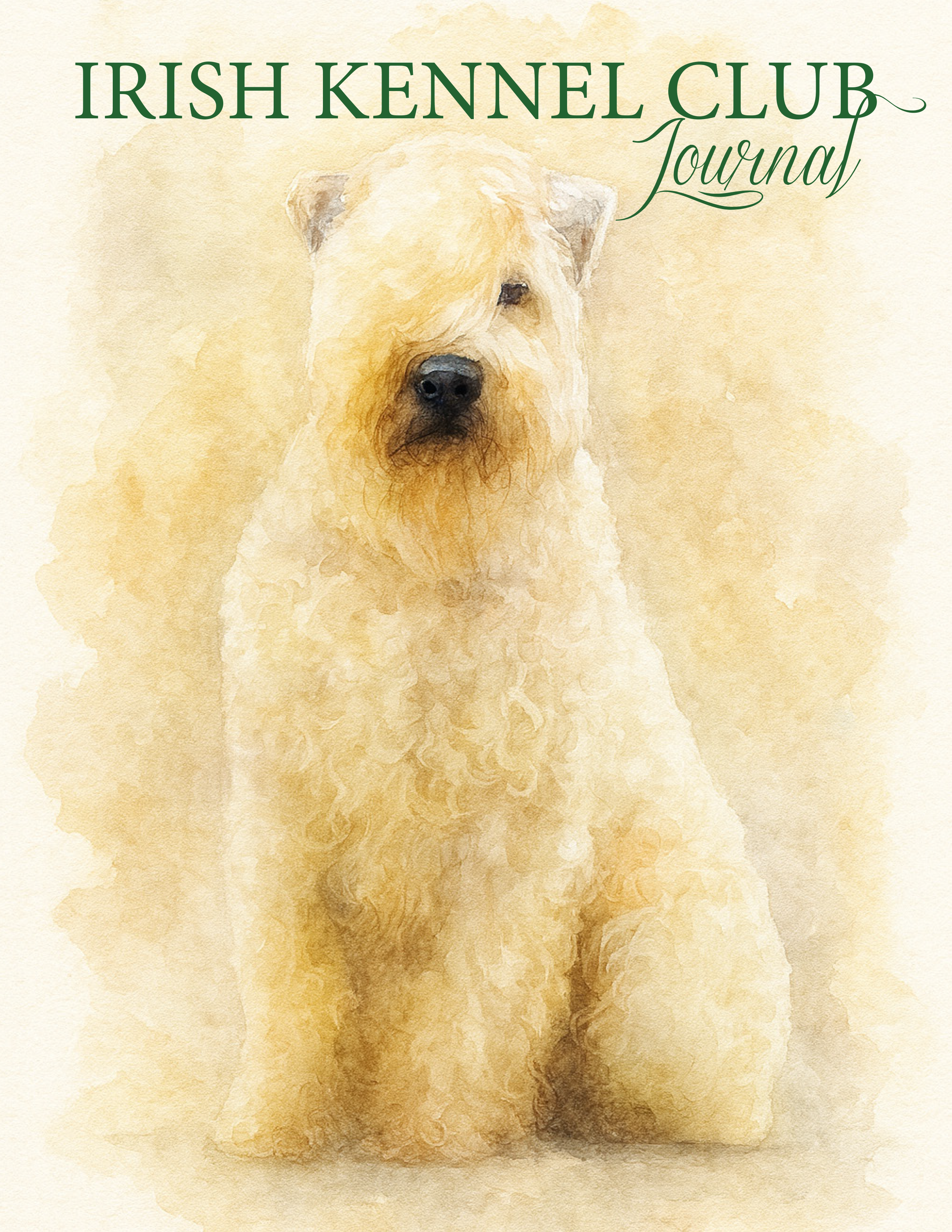 Cover of the Irish Kennel Club Journal featuring a watercolor painting of a large, fluffy, light-colored dog with a black nose and face, with the title in green text.