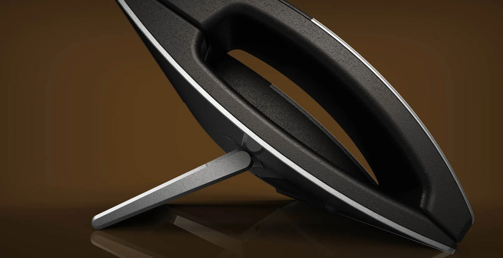 Close-up of a virtual reality headset on a brown background, angled to show the front and side, with a stand underneath.