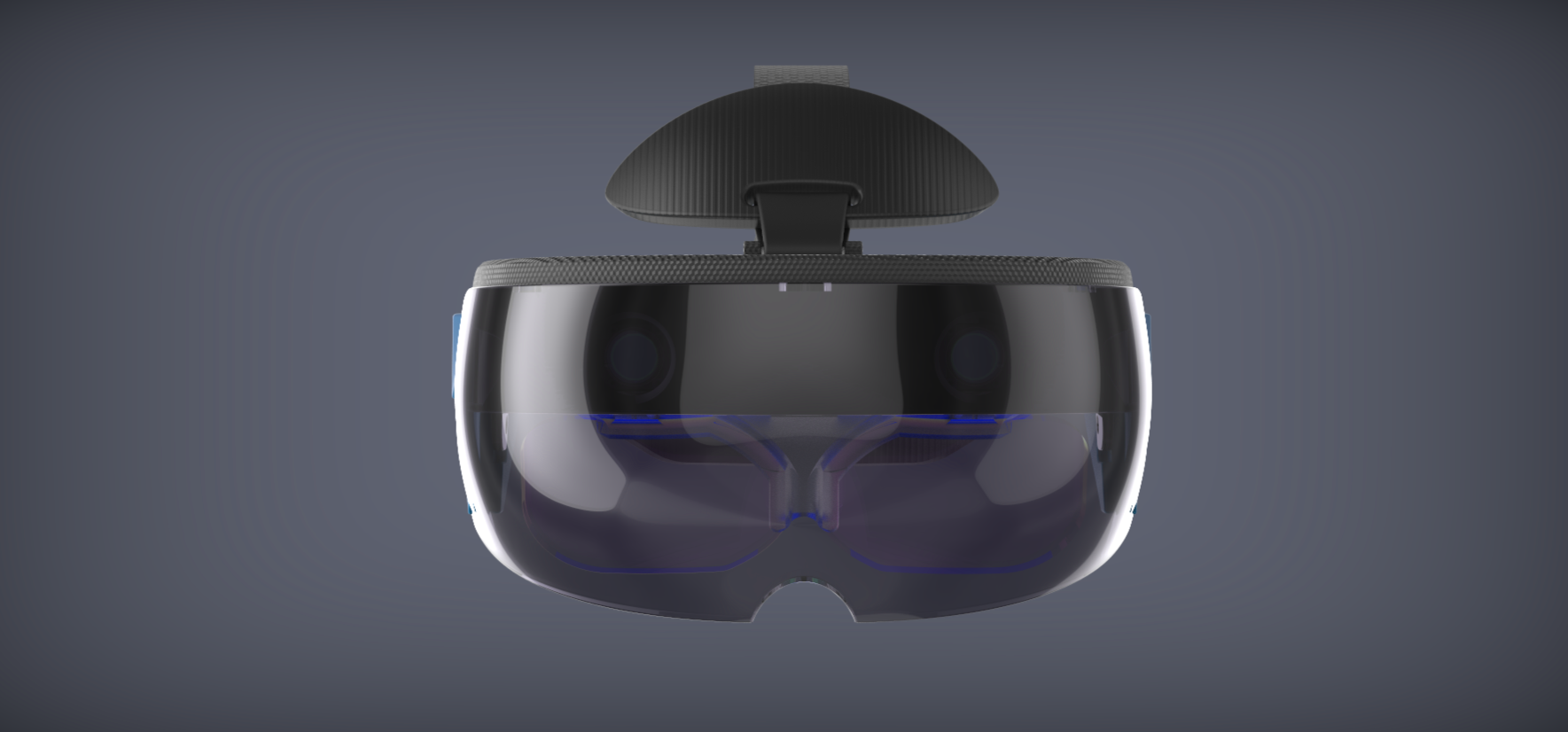 A sleek, high-tech virtual reality headset with a black and transparent design, featuring multiple cameras or sensors and a comfortable strap.