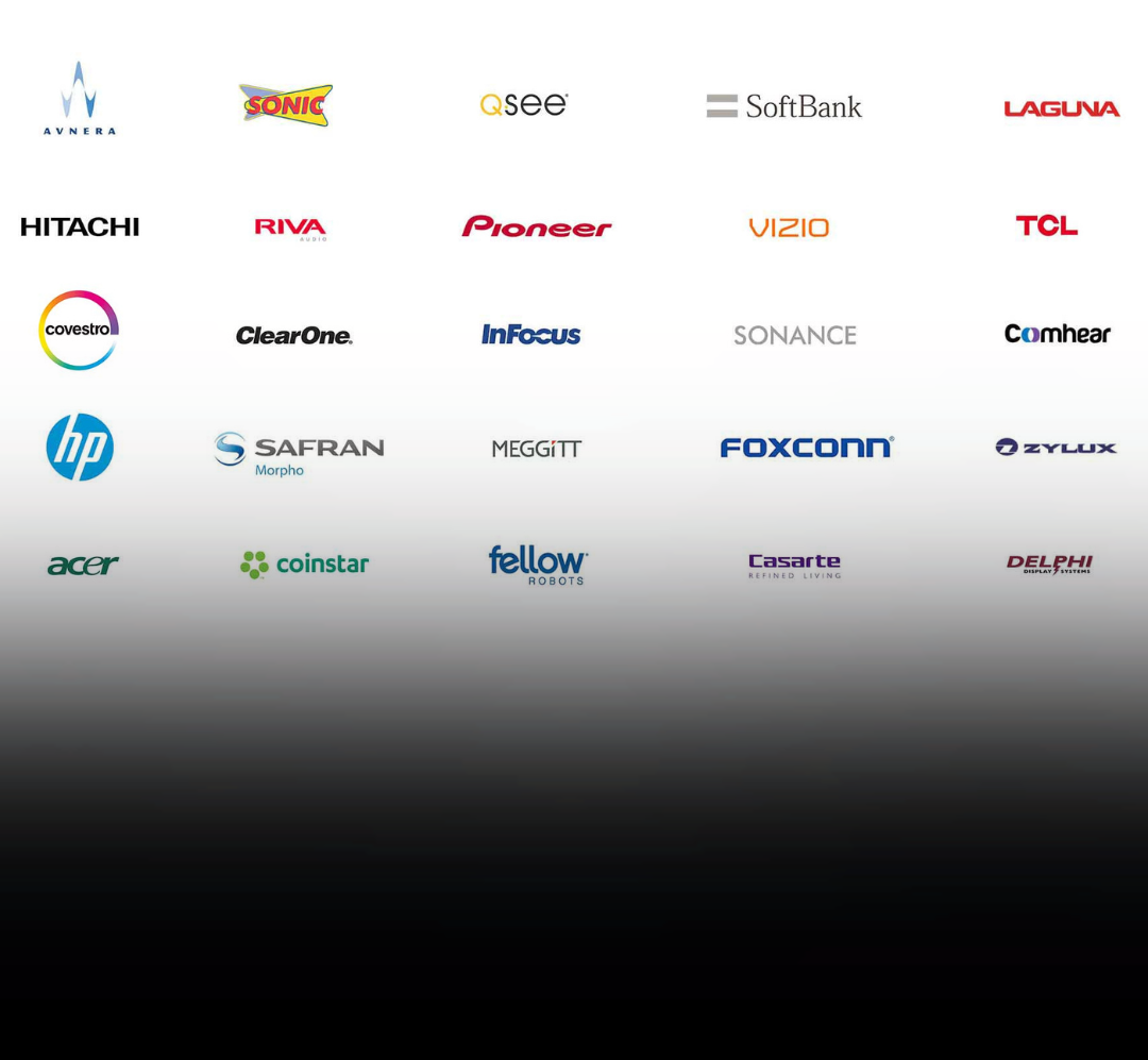 A collection of various company logos arranged in rows on a gradient background.