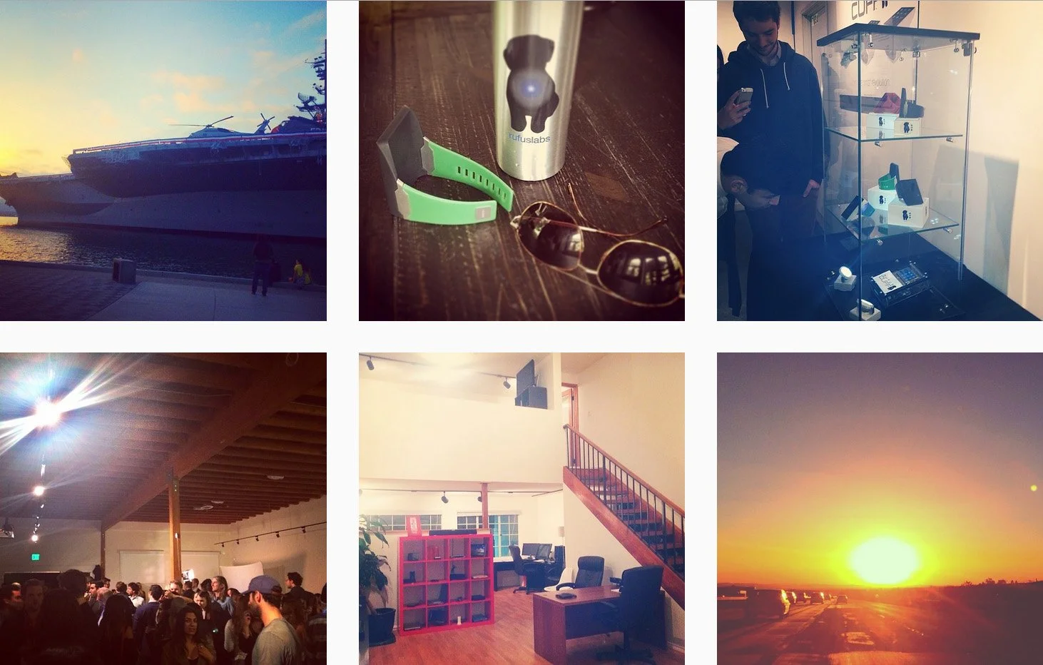 A collage of six photos: a sunset with a ship and pair of people by the water, a sports bracelet, sunglasses, and a water bottle; an indoor event space with a crowd; a modern office with stairs and seating area; and a sunset over a flat landscape.