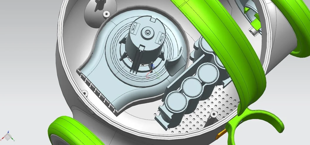 Tandem Design. A detailed 3D rendering of a mechanical or electronic device with cylindrical components and a bright green outer casing.