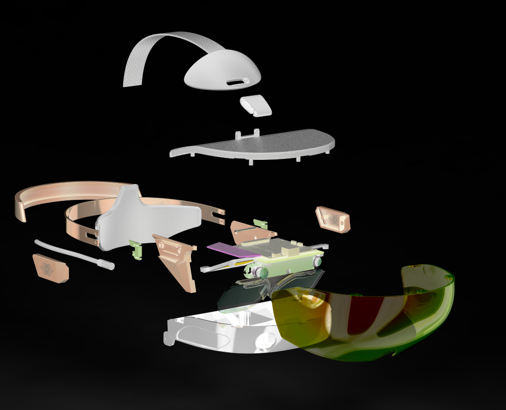 Exploded view of a mixed reality or augmented reality headset showing its various components including the head straps, lenses, cameras, and electronic circuit boards.
