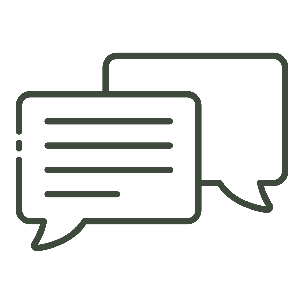 Two overlapping speech bubbles, one with lines representing text inside.